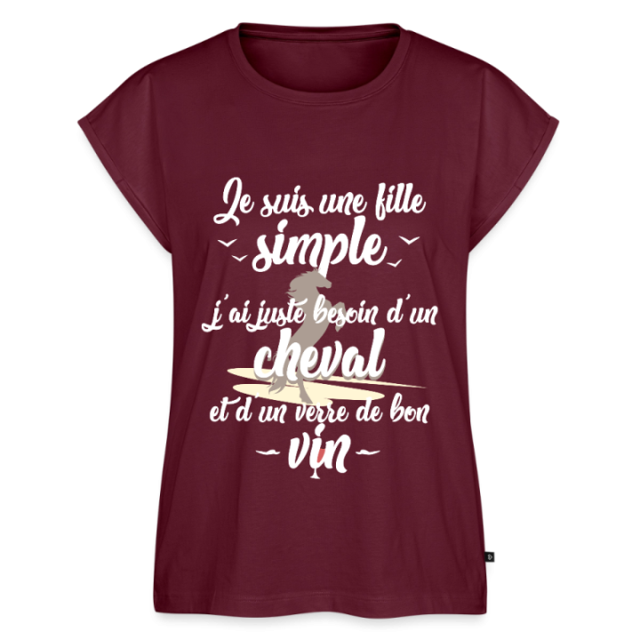 T-shirt à manches retroussées femme - Juste besoin d'un cheval et d'un verre de vin - bourgogne - front