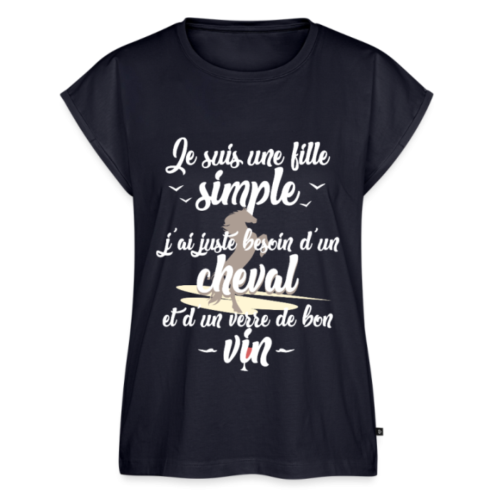 T-shirt à manches retroussées femme - Juste besoin d'un cheval et d'un verre de vin - bleu marine - front
