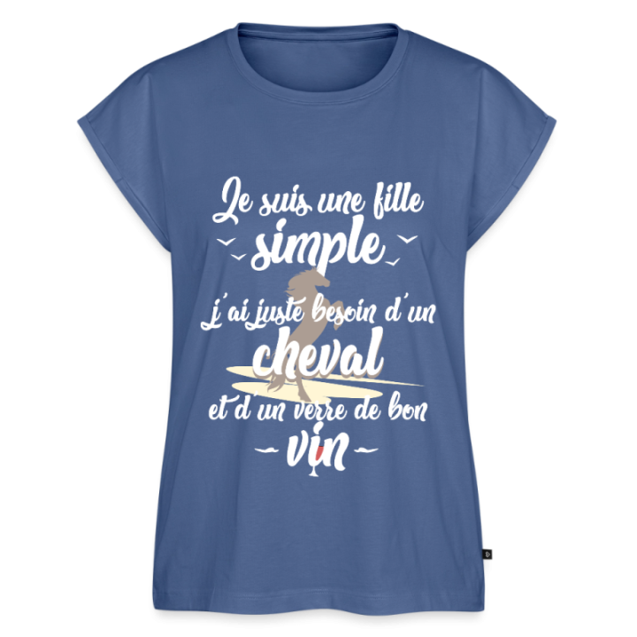 T-shirt à manches retroussées femme - Juste besoin d'un cheval et d'un verre de vin - bleu pigeon - front