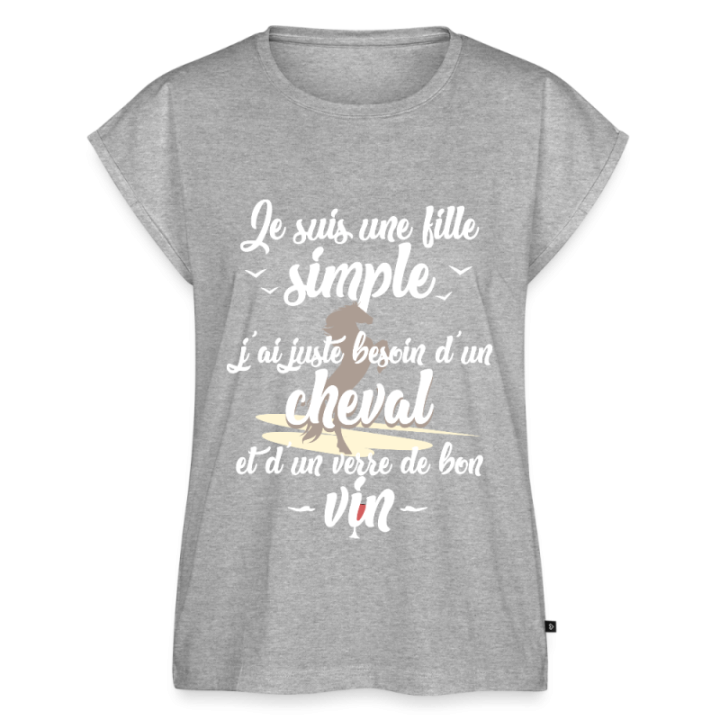 T-shirt à manches retroussées femme - Juste besoin d'un cheval et d'un verre de vin - gris chiné - front