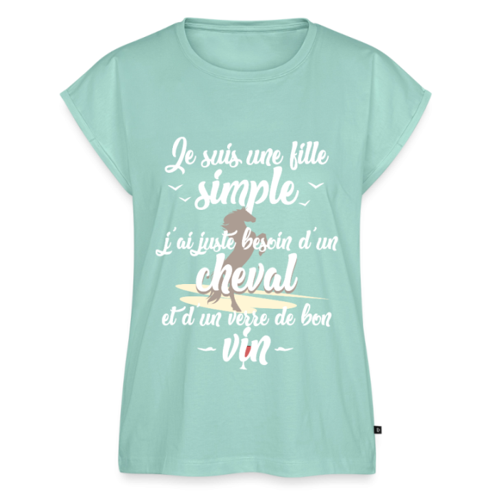 T-shirt à manches retroussées femme - Juste besoin d'un cheval et d'un verre de vin - menthe  - front