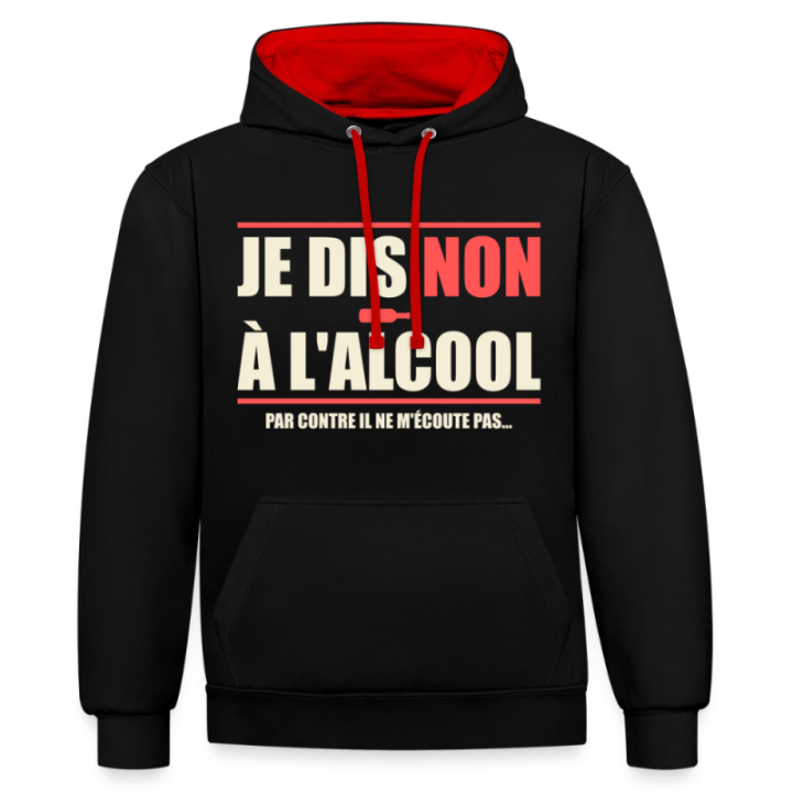 Sweat-shirt à capuche contrasté unisexe - Je dis non à l'alcool - noir/rouge - front