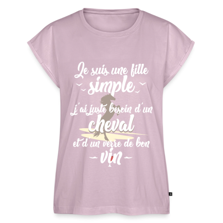 T-shirt à manches retroussées femme - Juste besoin d'un cheval et d'un verre de vin - rose poudré - front