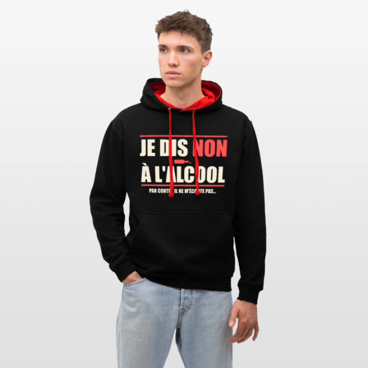 Sweat-shirt à capuche contrasté unisexe - Je dis non à l'alcool - noir/rouge - front