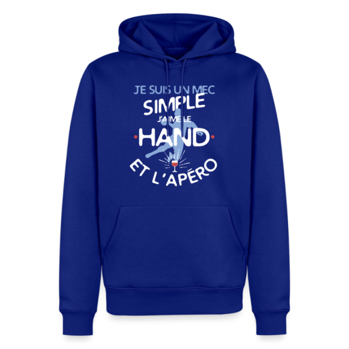 Sweat-shirt à capuche premium homme - Un mec simple: Hand et apéro - bleu roi - front