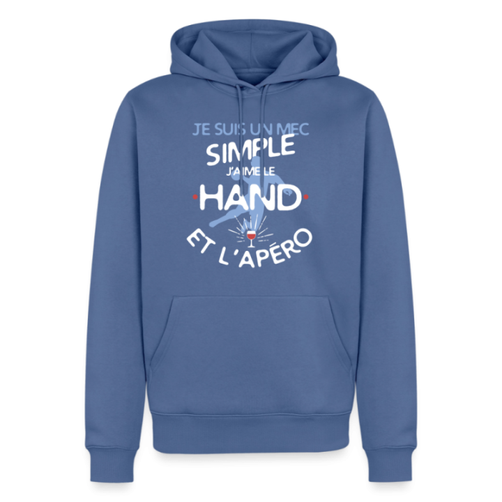 Sweat-shirt à capuche premium homme - Un mec simple: Hand et apéro - bleu pigeon - front