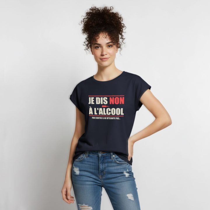 T-shirt à manches retroussées femme - Je dis non à l'alcool - bleu marine - front