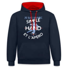 Sweat-shirt à capuche contrasté unisexe - Un mec simple: Hand et apéro - bleu marine/rouge - front