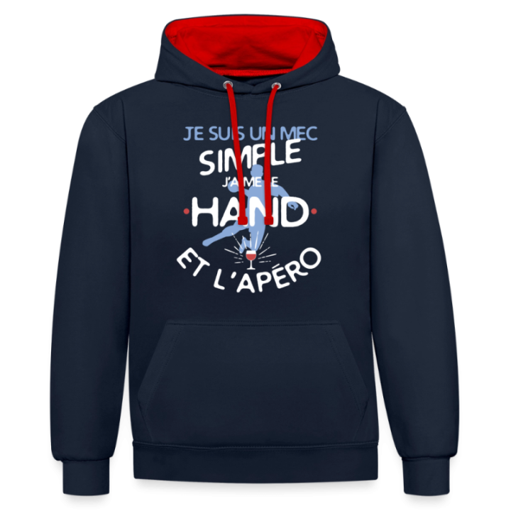 Sweat-shirt à capuche contrasté unisexe - Un mec simple: Hand et apéro - bleu marine/rouge - front