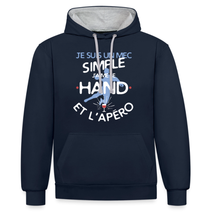 Sweat-shirt à capuche contrasté unisexe - Un mec simple: Hand et apéro - bleu marine/gris chiné - front