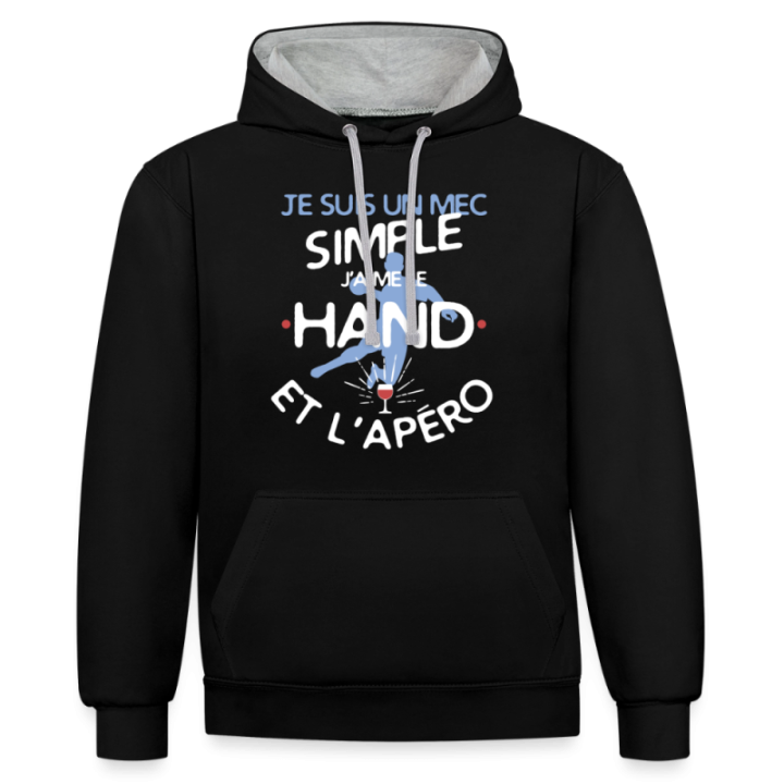Sweat-shirt à capuche contrasté unisexe - Un mec simple: Hand et apéro - noir/gris chiné - front