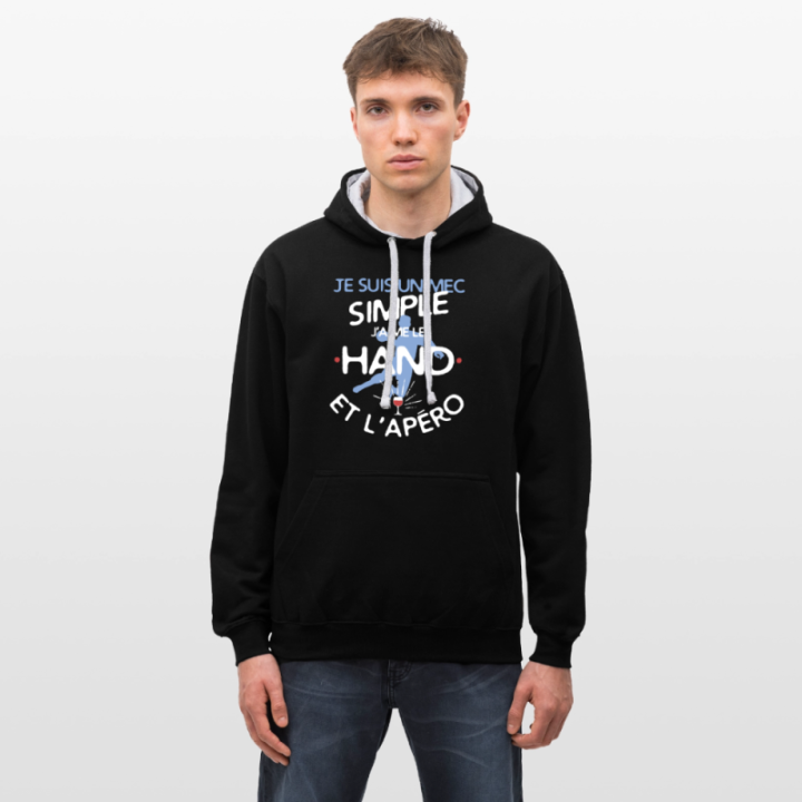 Sweat-shirt à capuche contrasté unisexe - Un mec simple: Hand et apéro - noir/gris chiné - front