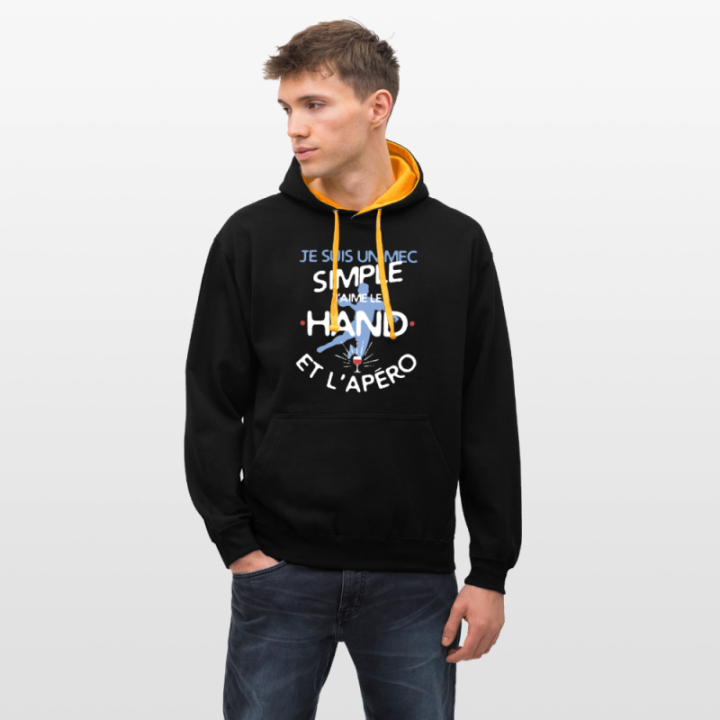 Sweat-shirt à capuche contrasté unisexe - Un mec simple: Hand et apéro - noir/or - front