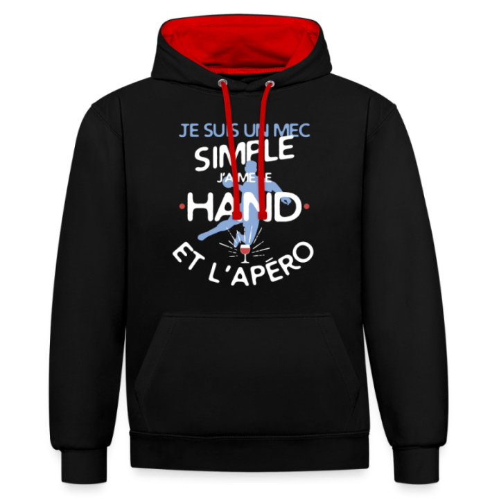 Sweat-shirt à capuche contrasté unisexe - Un mec simple: Hand et apéro - noir/rouge - front