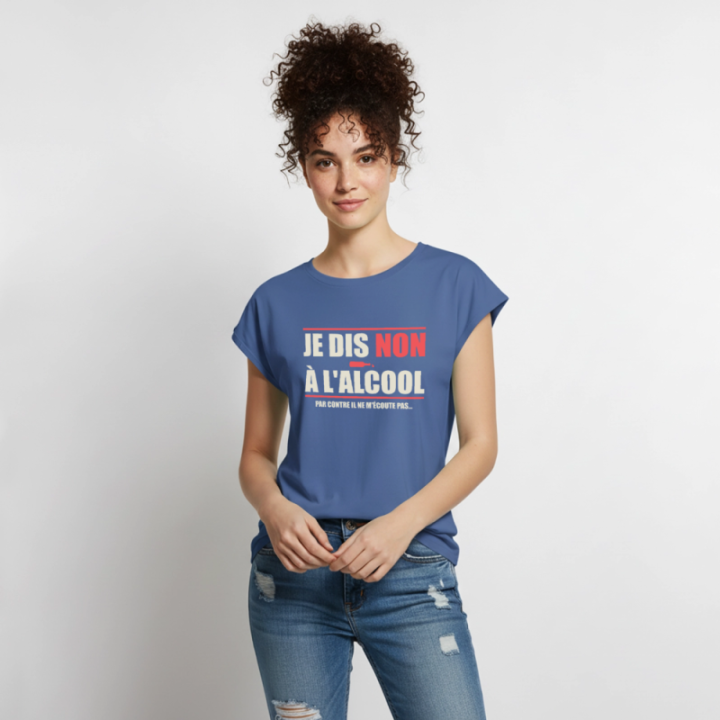 T-shirt à manches retroussées femme - Je dis non à l'alcool - bleu pigeon - front