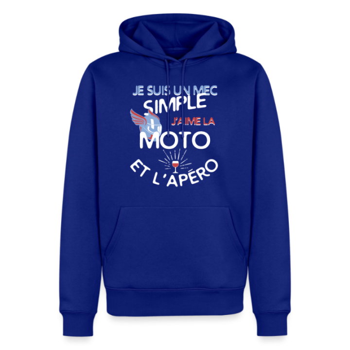 Sweat-shirt à capuche premium homme - Un mec simple: Moto et apéro - bleu roi - front