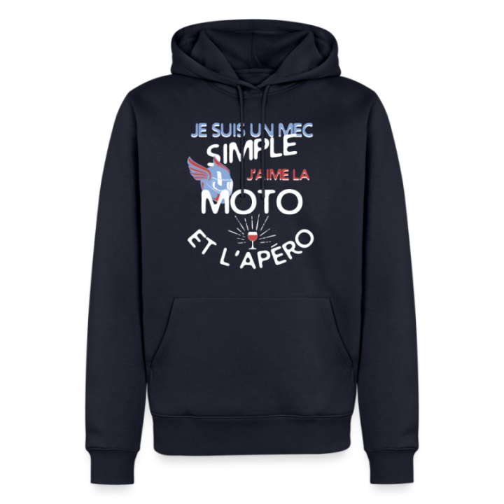 Sweat-shirt à capuche premium homme - Un mec simple: Moto et apéro - bleu marine - front