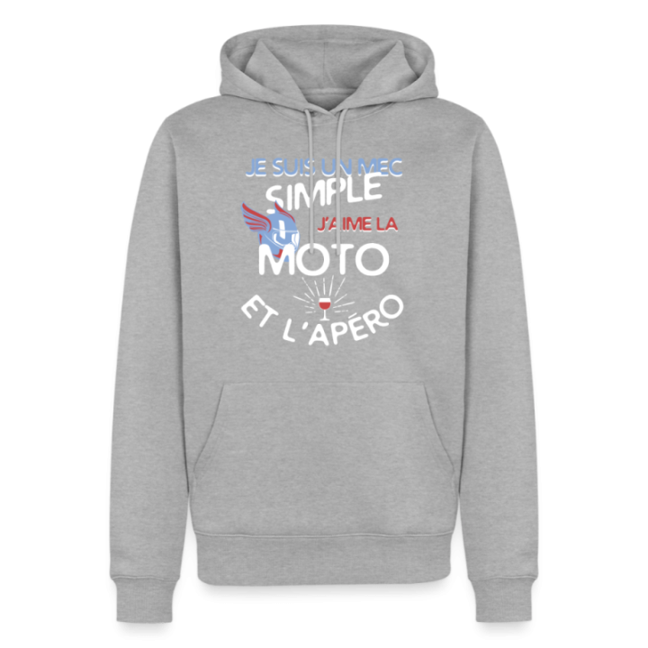 Sweat-shirt à capuche premium homme - Un mec simple: Moto et apéro - gris chiné - front