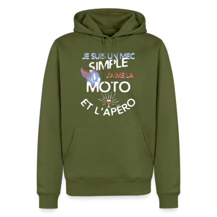 Sweat-shirt à capuche premium homme - Un mec simple: Moto et apéro - kaki - front