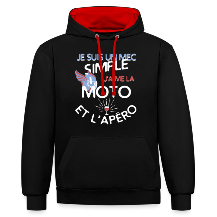 Sweat-shirt à capuche contrasté unisexe - Un mec simple: Moto et apéro - noir/rouge - front