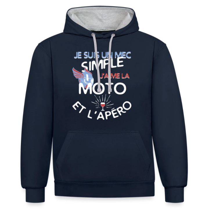 Sweat-shirt à capuche contrasté unisexe - Un mec simple: Moto et apéro - bleu marine/gris chiné - front