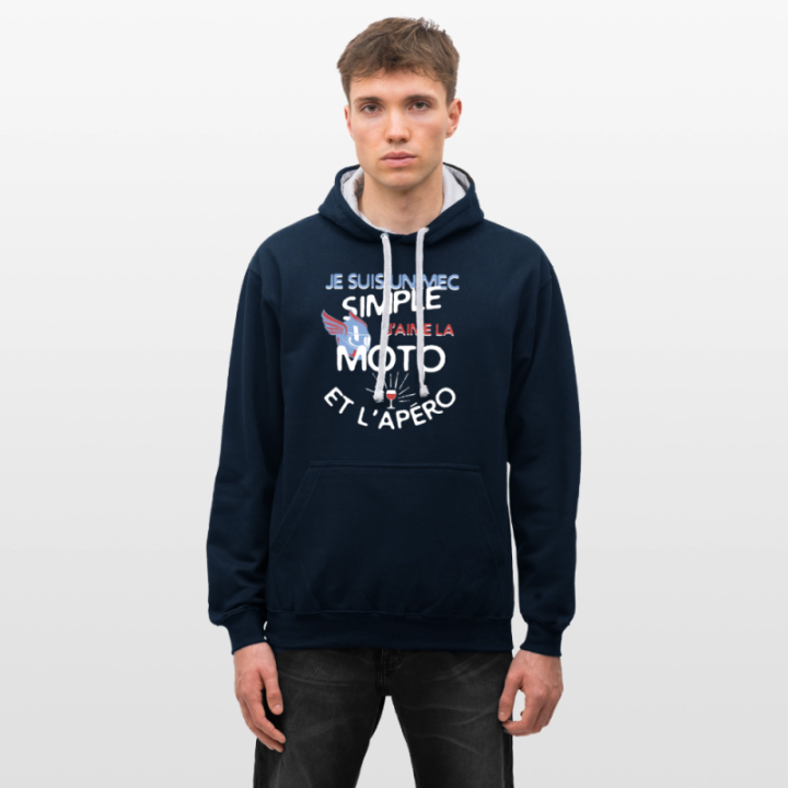 Sweat-shirt à capuche contrasté unisexe - Un mec simple: Moto et apéro - bleu marine/gris chiné - front