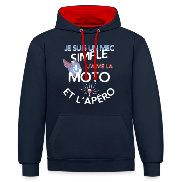 Sweat-shirt à capuche contrasté unisexe - Un mec simple: Moto et apéro - bleu marine/rouge - front