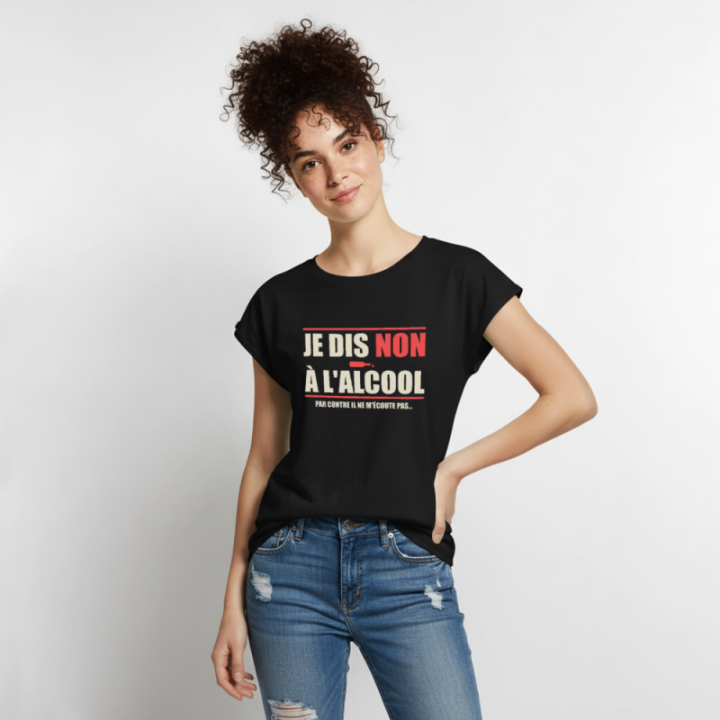 T-shirt à manches retroussées femme - Je dis non à l'alcool - noir - front
