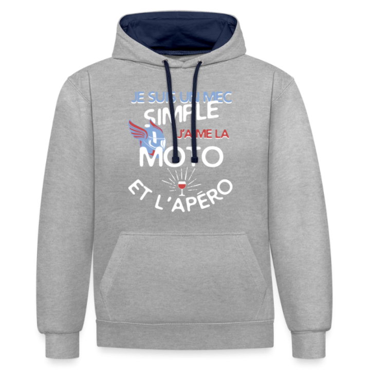 Sweat-shirt à capuche contrasté unisexe - Un mec simple: Moto et apéro - gris chiné/bleu marine - front