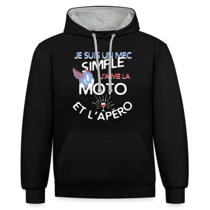 Sweat-shirt à capuche contrasté unisexe - Un mec simple: Moto et apéro - noir/gris chiné - front