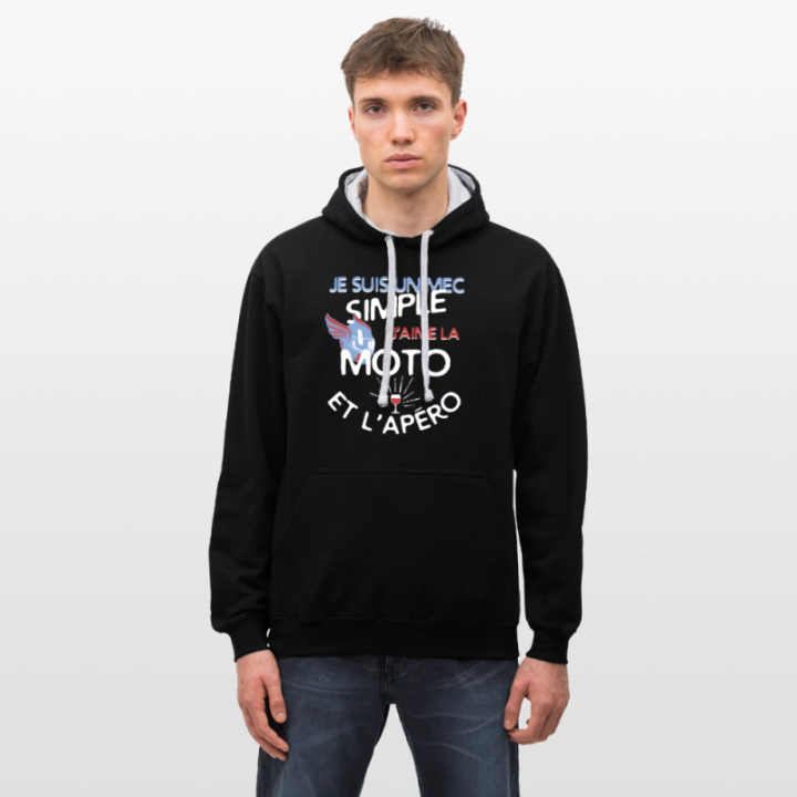 Sweat-shirt à capuche contrasté unisexe - Un mec simple: Moto et apéro - noir/gris chiné - front