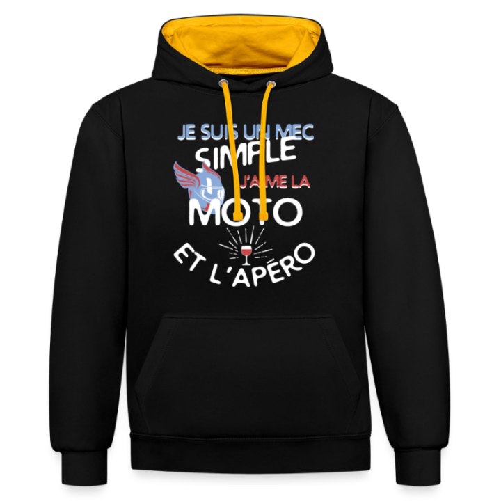 Sweat-shirt à capuche contrasté unisexe - Un mec simple: Moto et apéro - noir/or - front
