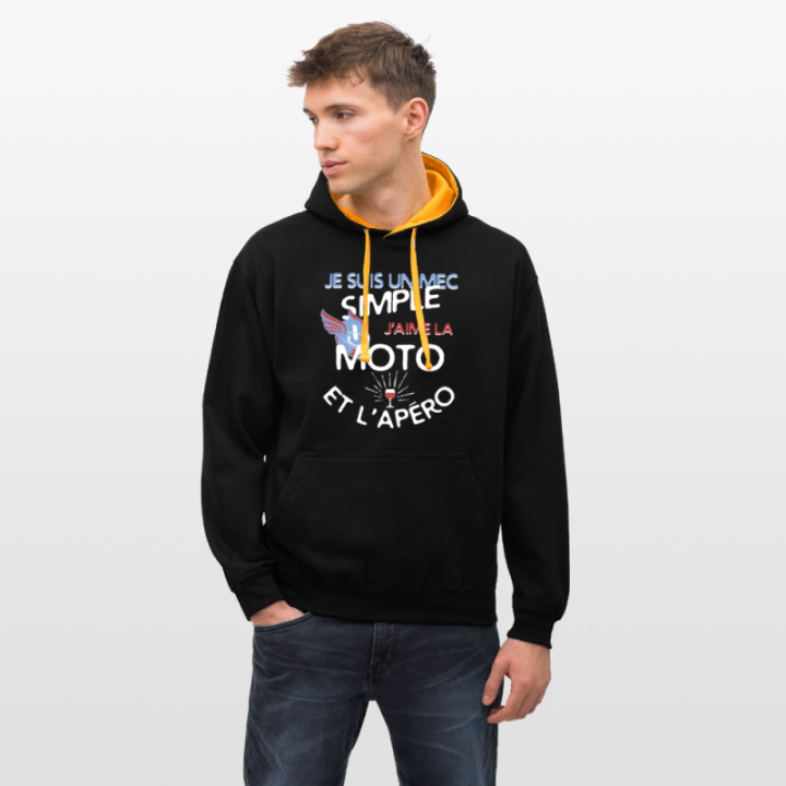 Sweat-shirt à capuche contrasté unisexe - Un mec simple: Moto et apéro - noir/or - front