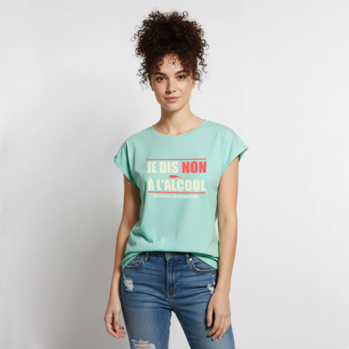 T-shirt à manches retroussées femme - Je dis non à l'alcool - menthe  - front