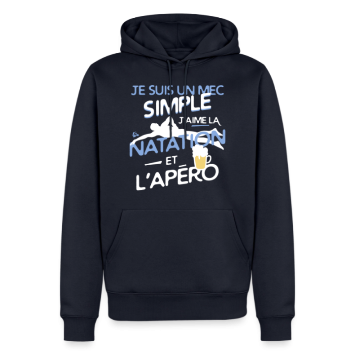 Sweat-shirt à capuche premium homme - Un mec simple: Natation et apéro - bleu marine - front