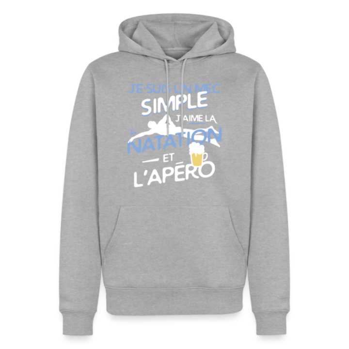Sweat-shirt à capuche premium homme - Un mec simple: Natation et apéro - gris chiné - front