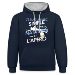 Sweat-shirt à capuche contrasté unisexe - Un mec simple: Natation et apéro - bleu marine/gris chiné - front