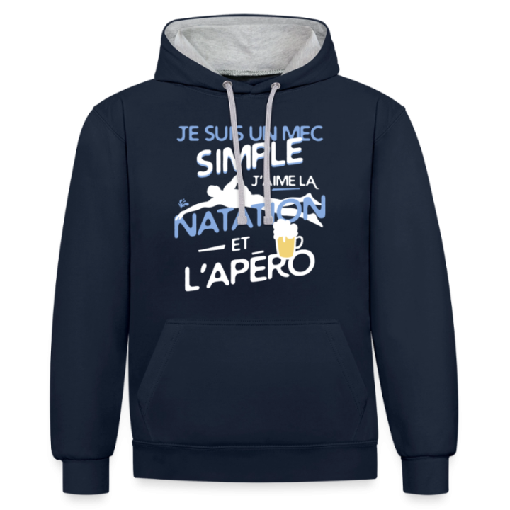 Sweat-shirt à capuche contrasté unisexe - Un mec simple: Natation et apéro - bleu marine/gris chiné - front