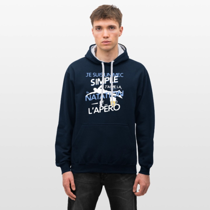Sweat-shirt à capuche contrasté unisexe - Un mec simple: Natation et apéro - bleu marine/gris chiné - front