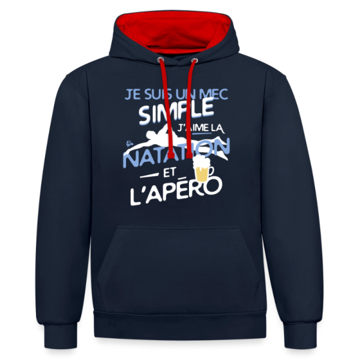 Sweat-shirt à capuche contrasté unisexe - Un mec simple: Natation et apéro - bleu marine/rouge - front