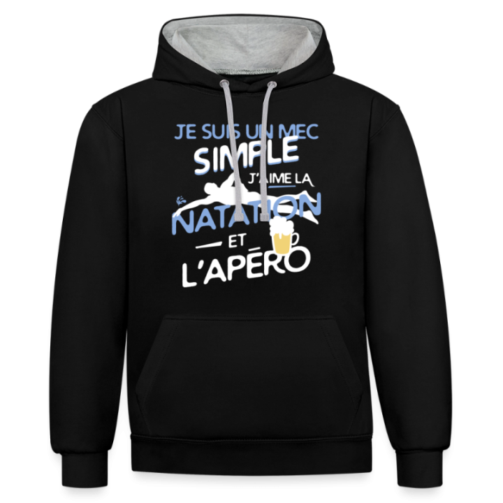 Sweat-shirt à capuche contrasté unisexe - Un mec simple: Natation et apéro - noir/gris chiné - front