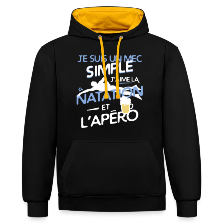 Sweat-shirt à capuche contrasté unisexe - Un mec simple: Natation et apéro - noir/or - front