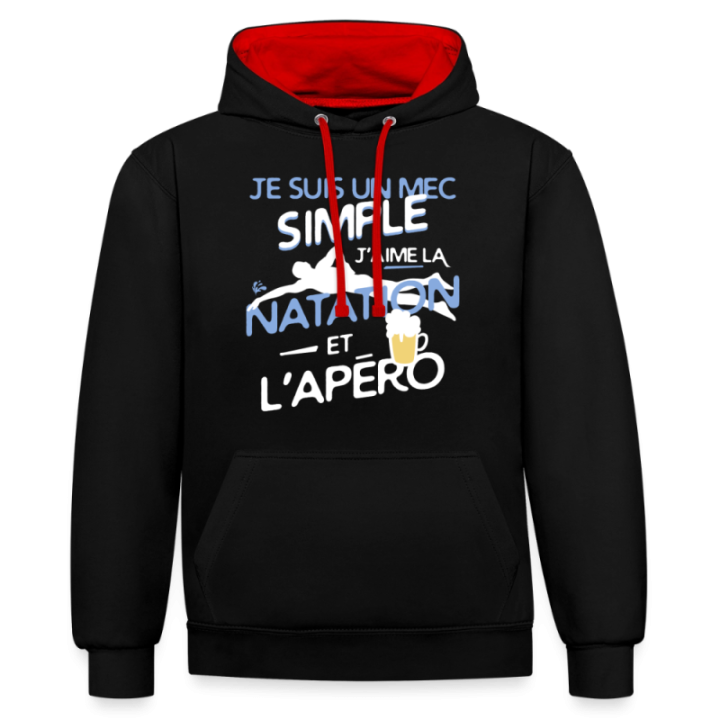 Sweat-shirt à capuche contrasté unisexe - Un mec simple: Natation et apéro - noir/rouge - front