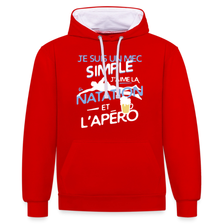 Sweat-shirt à capuche contrasté unisexe - Un mec simple: Natation et apéro - rouge/blanc - front