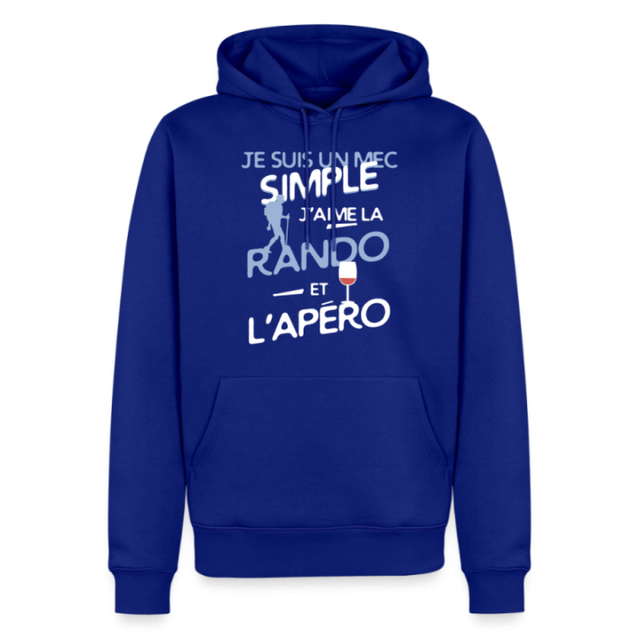 Sweat-shirt à capuche premium homme - Un mec simple: Rando et apéro - bleu roi - front
