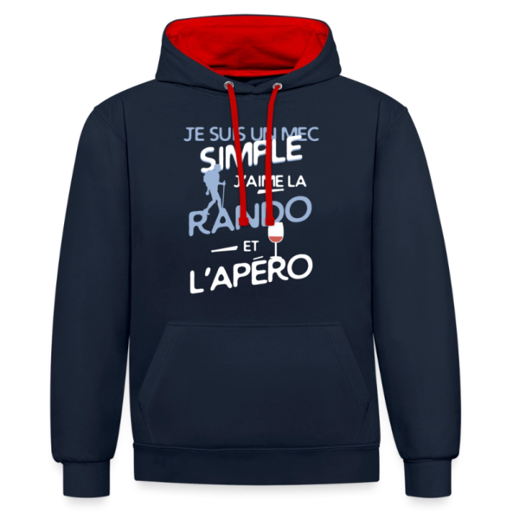 Sweat-shirt à capuche contrasté unisexe - Un mec simple: Rando et apéro - bleu marine/rouge - front