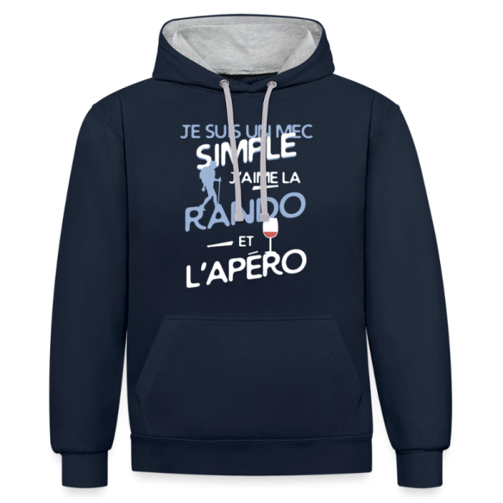Sweat-shirt à capuche contrasté unisexe - Un mec simple: Rando et apéro - bleu marine/gris chiné - front