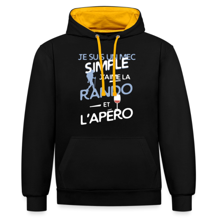 Sweat-shirt à capuche contrasté unisexe - Un mec simple: Rando et apéro - noir/or - front