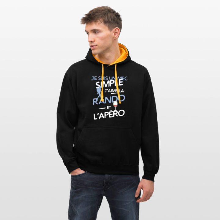 Sweat-shirt à capuche contrasté unisexe - Un mec simple: Rando et apéro - noir/or - front