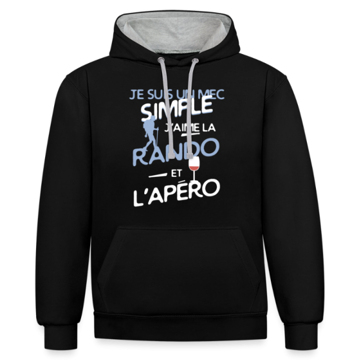 Sweat-shirt à capuche contrasté unisexe - Un mec simple: Rando et apéro - noir/gris chiné - front
